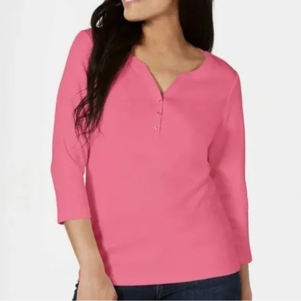 Karen Scott Plus Rose Cotton Split Neck Henley Top Size 0X